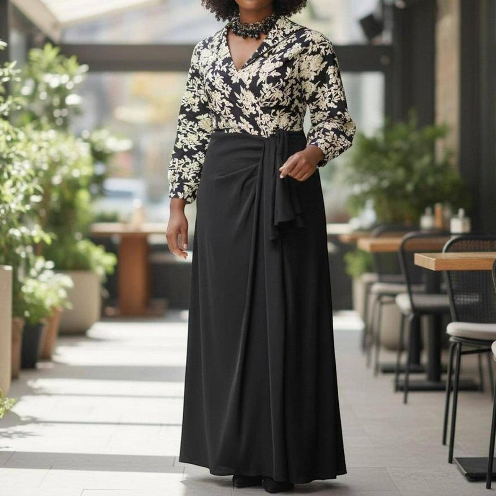 Tadashi Shoji Dress  Black Norita Size 18 Crepe Floral Print Faux Wrap Maxi 3396